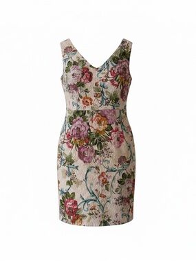 Adrianna Papell Cream Floral V-Neck Midi Dress with Pink & Green Blooms